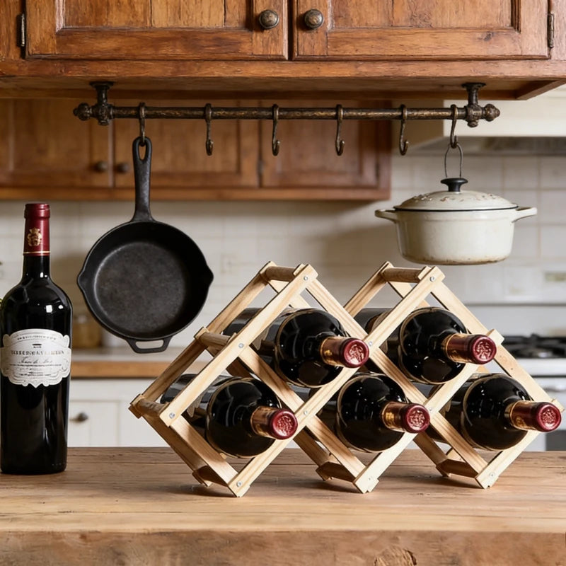 Estante de Madera Plegable para Almacenamiento de Vino, para 3-10 Botellas, Fácil de Montar, Apilable, para Organización del Hogar, Bar, Cocina o Bodega
