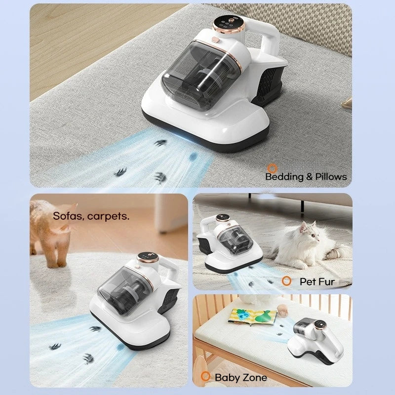 Eliminador Inalámbrico de Ácaros del Polvo, Succión de 10KPa, Filtración de Doble Copa, Esterilización UV, Vibración de Alta Frecuencia, para Cama y Sofá