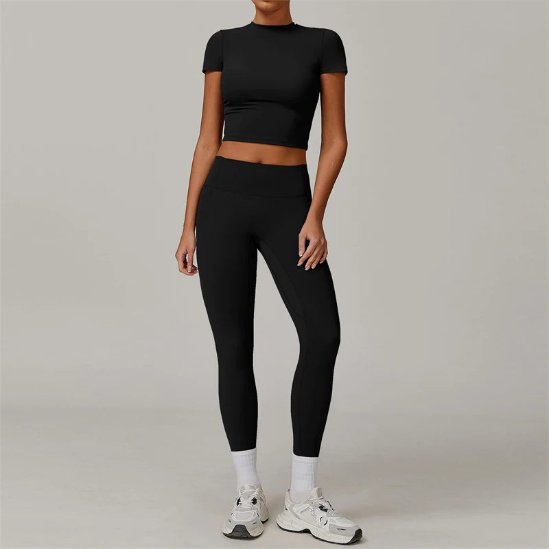 Conjunto de Yoga de 2 piezas para mujer, ropa deportiva de entrenamiento, ropa de gimnasio, Top corto de manga corta, mallas de cintura alta, trajes deportivos