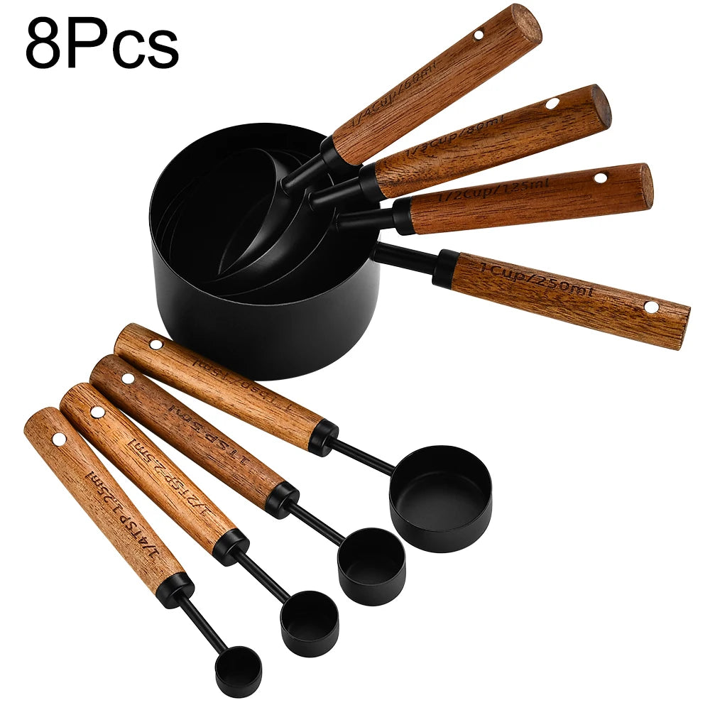 Mango de madera dorado, tazas medidoras de acero inoxidable, cucharas, herramientas para hornear, juego de cucharas medidoras de café, accesorios de báscula para barman