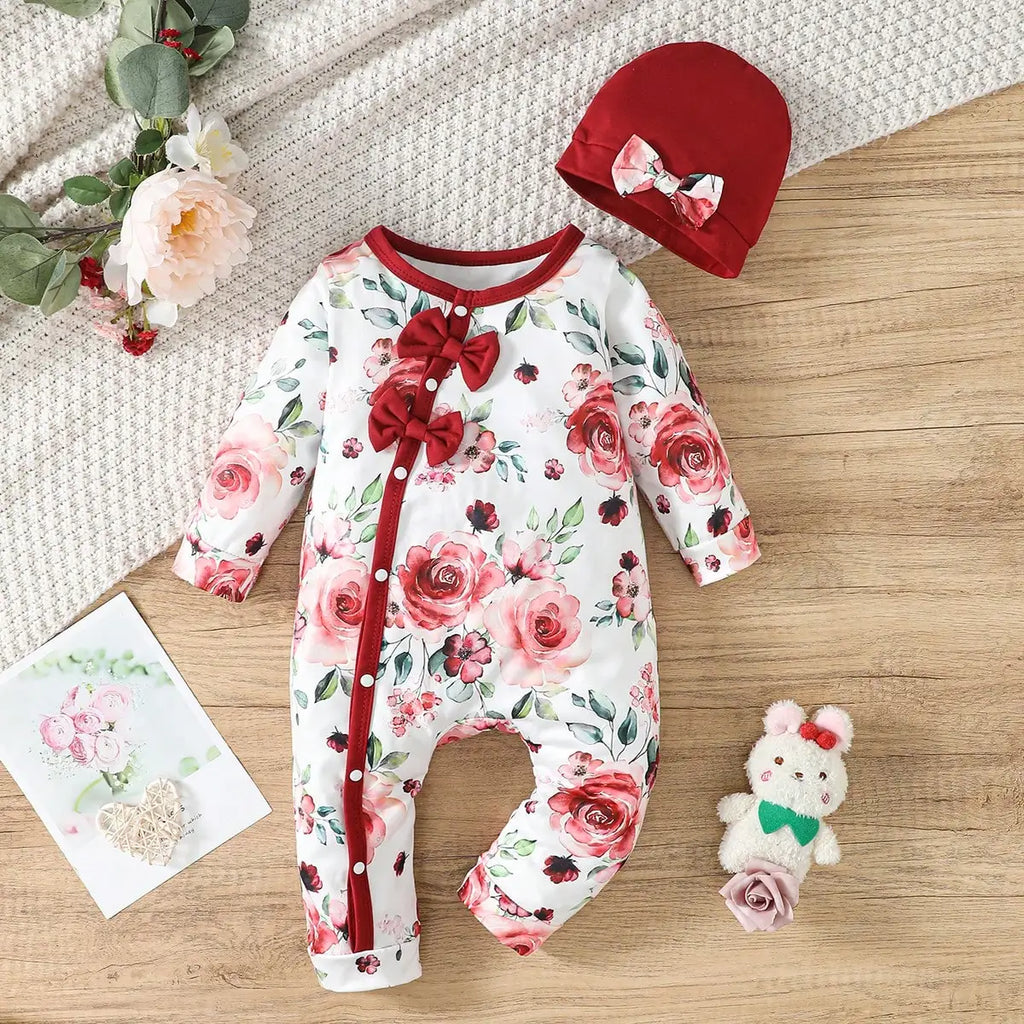Pelele y sombrero con diseño floral para bebé niña, 1-24m, con lazo, suave y cómodo, primavera y otoño