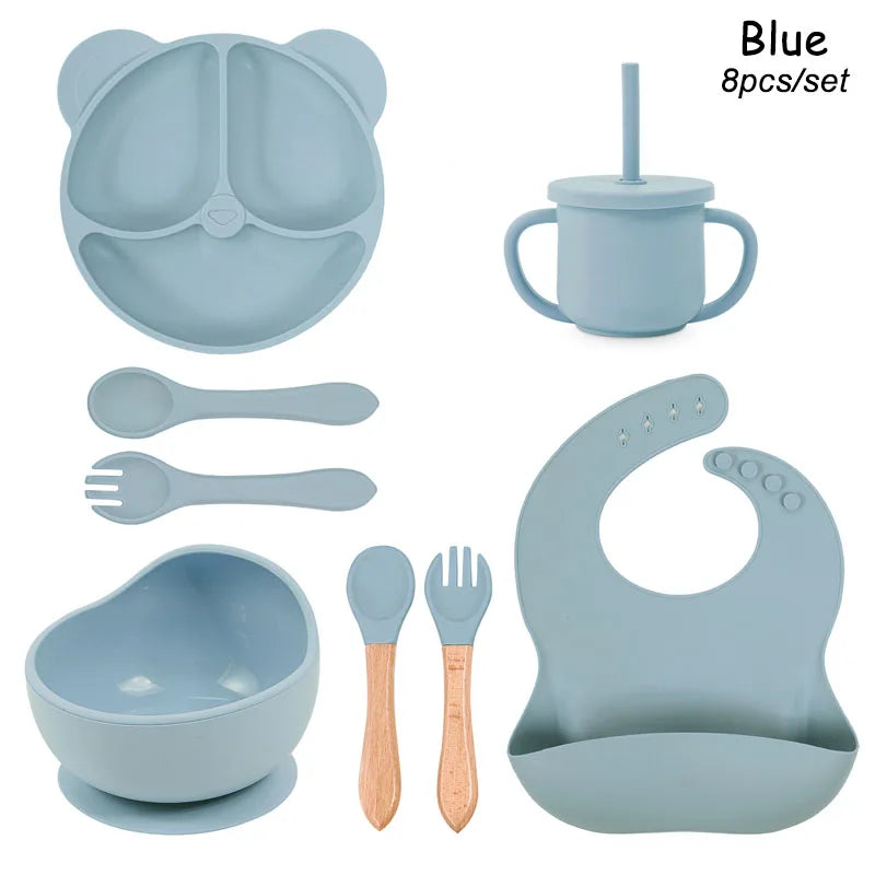 Vajilla de silicona para niños, juego de alimentación de bebé, plato de dibujos animados, nombre personalizado, taza con ventosa, plato, babero, regalo para recién nacido, 8 Uds./5 uds.
