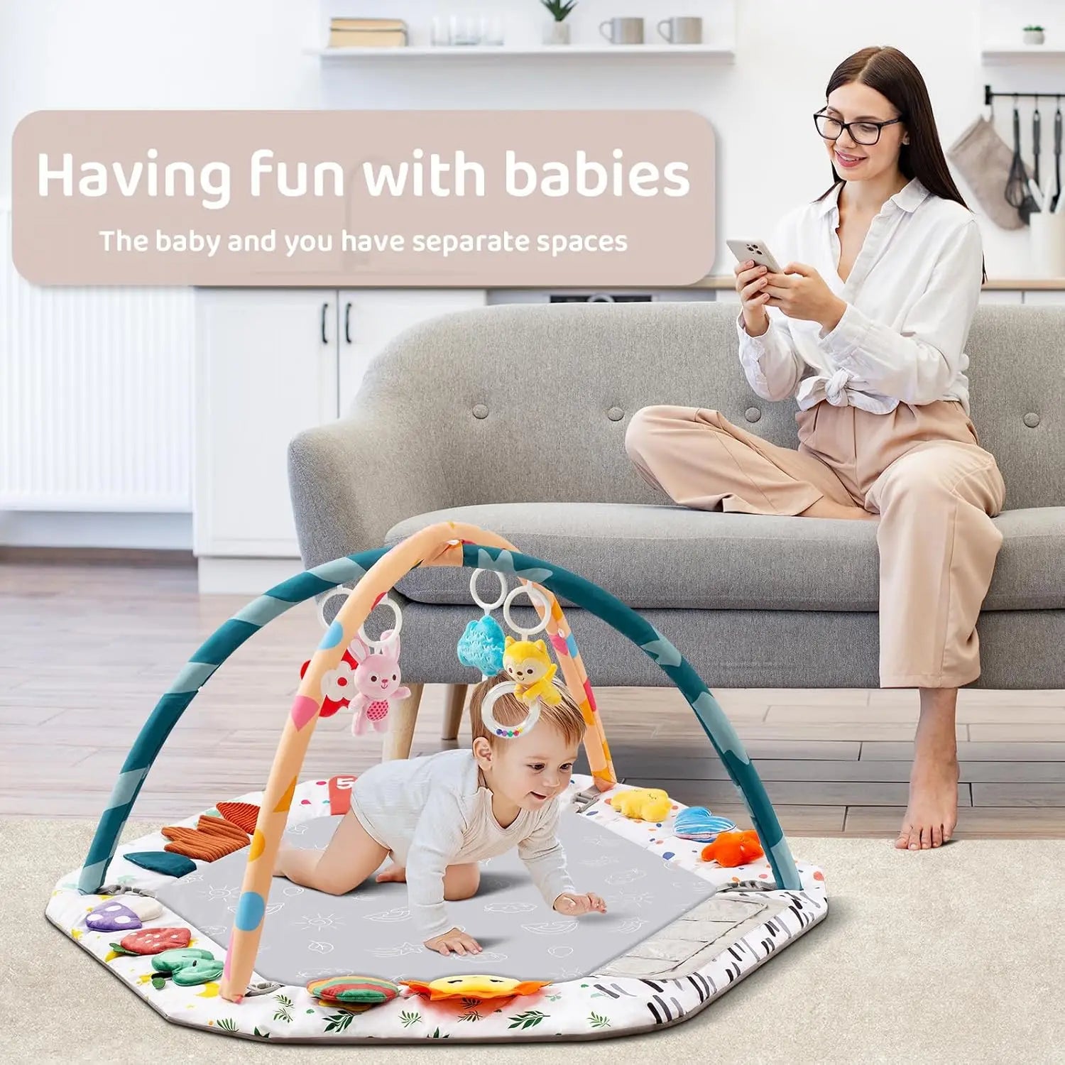 Alfombra de Juego para Bebés con 6 Zonas de Desarrollo, Tapete de Actividades para Estimulación del Desarrollo Motor con 4 Juguetes Sensoriales Desmontables