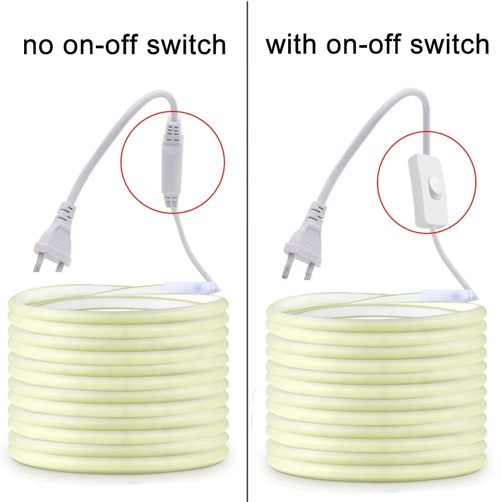 Tira de luces Led de 220V con interruptor de encendido/apagado tira de LED COB impermeable cinta Flexible de 220V para habitación dormitorio cocina iluminación de jardín al aire libre