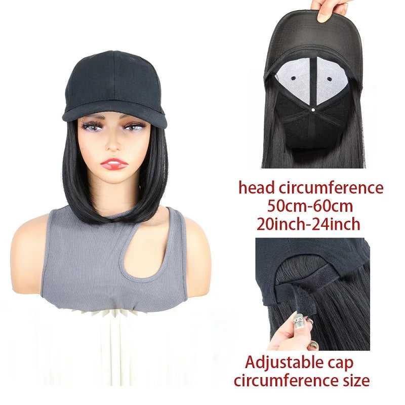 Extensiones de cabello de gorra de béisbol sintética de 12 pulgadas, peluca de sombrero ajustable Bob recta corta, fácil de usar para mujeres de fiesta diarias