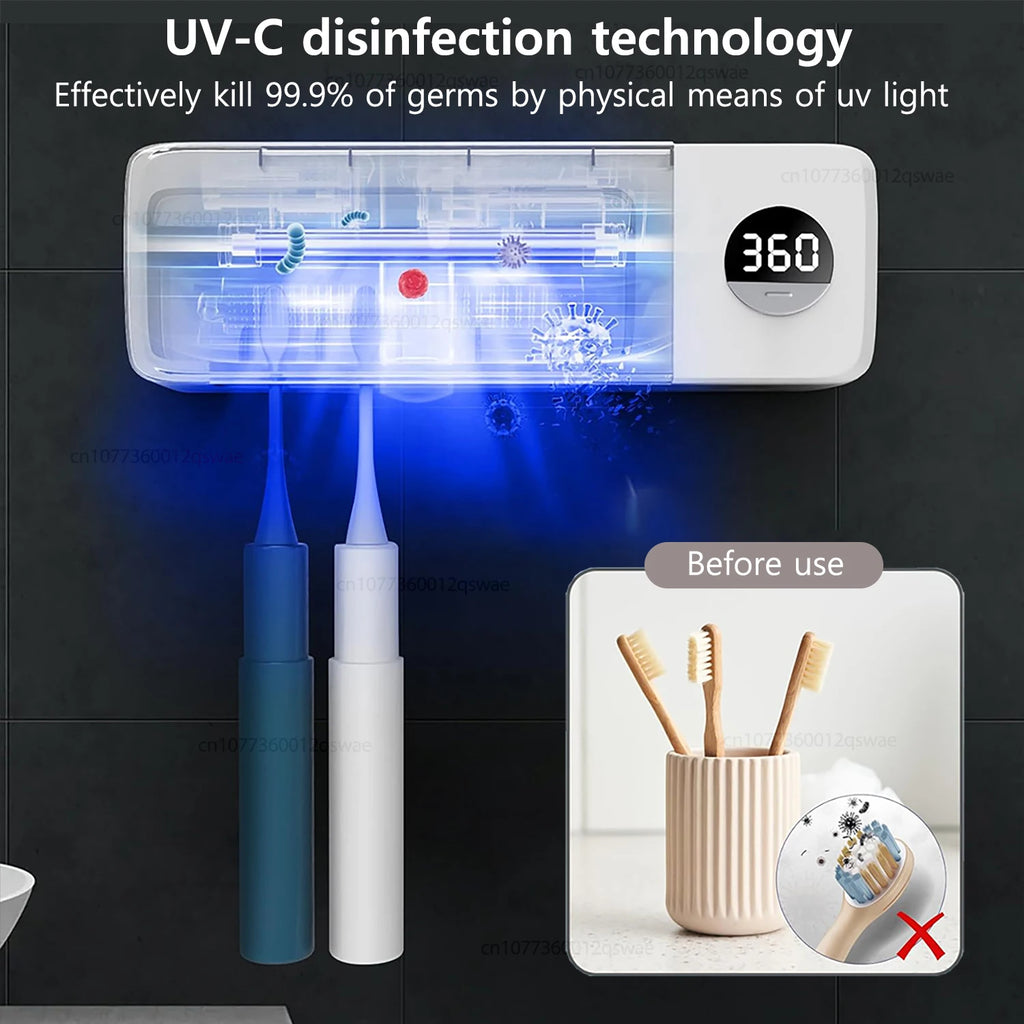 Esterilizador de cepillo de dientes eléctrico esterilización de cepillo de dientes UV con 4 ranuras recargable montado en la pared para soporte de cepillo de dientes de baño