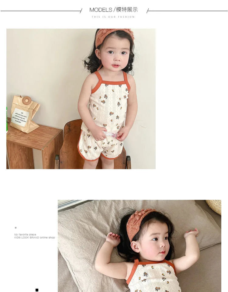 NOVEDAD DE VERANO 20225, Tops sin mangas para bebé y pantalones cortos de cintura ajustada, traje de 2 piezas, conjunto de ropa con cuello cuadrado para niñas, ropa de algodón para niños