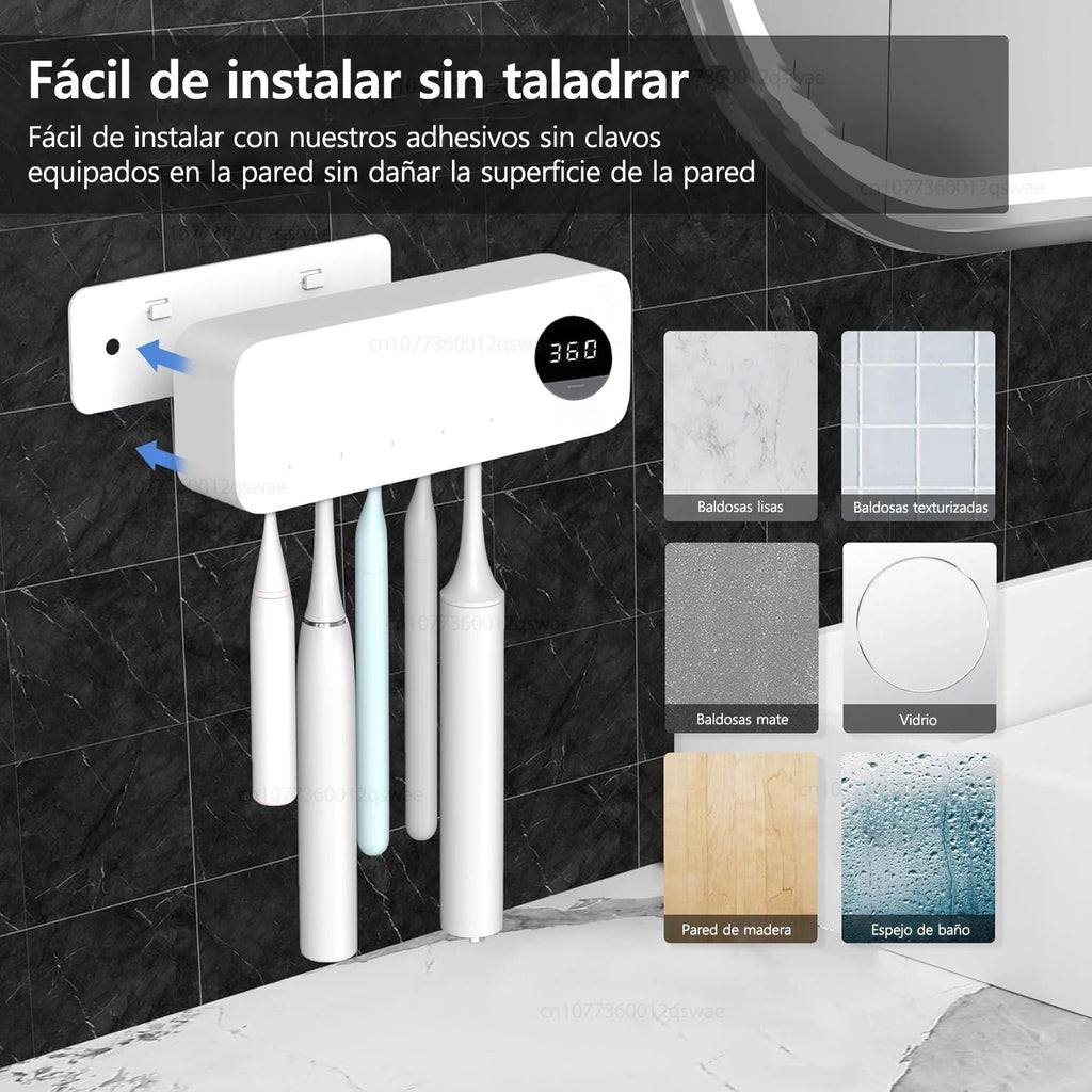 Esterilizador de cepillo de dientes eléctrico esterilización de cepillo de dientes UV con 4 ranuras recargable montado en la pared para soporte de cepillo de dientes de baño