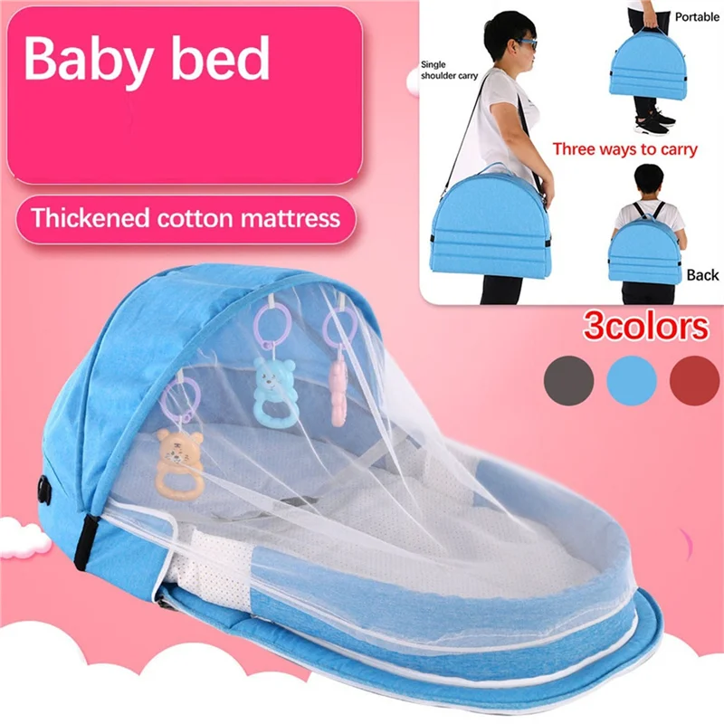 Cuna plegable portátil para bebé con red y toldo, cama nido para acampar, cuna para bebé