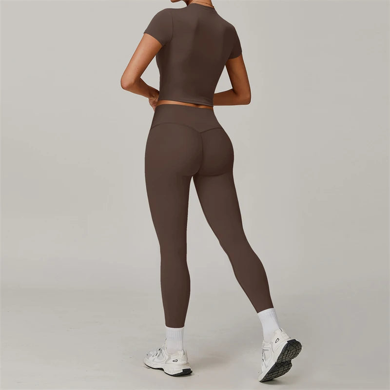Conjunto de Yoga de 2 piezas para mujer, ropa deportiva de entrenamiento, ropa de gimnasio, Top corto de manga corta, mallas de cintura alta, trajes deportivos