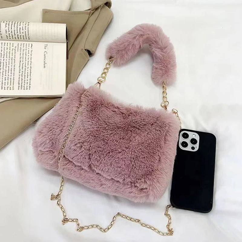 Bolso de mano de piel sintética de felpa para otoño e invierno, bandolera pequeña con cadena cuadrada, bolso de compras cálido y esponjoso a la moda