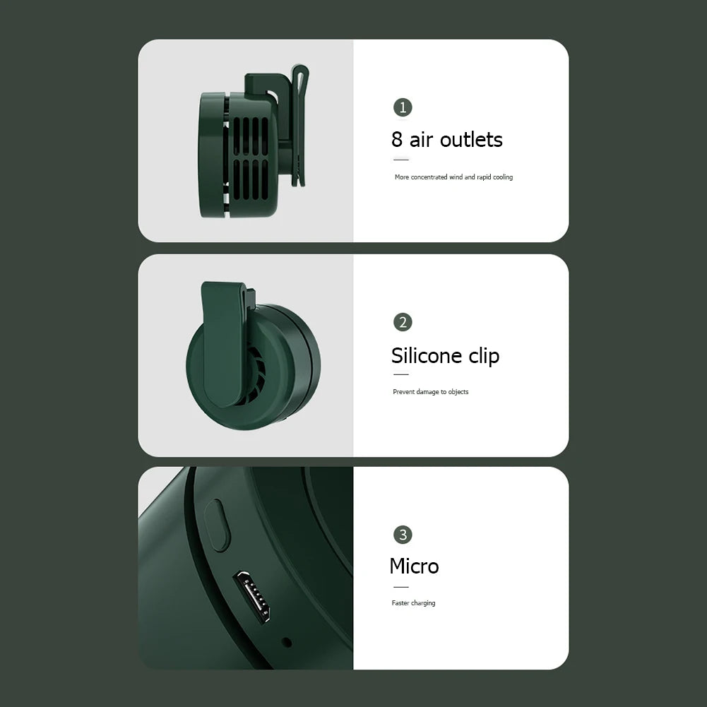 Mini ventilador portátil con Clip, ventilador de refrigeración eléctrico sin aspas de 3 velocidades, ventilador colgante para cintura, cuello, cintura, recargable por USB para exteriores