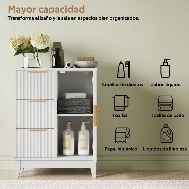 Organizador lateral de madera con 3 cajones y una puerta, con patas elevadas, para almacenamiento en el suelo, ideal para baño, ducha, dormitorio o armario del hogar.
