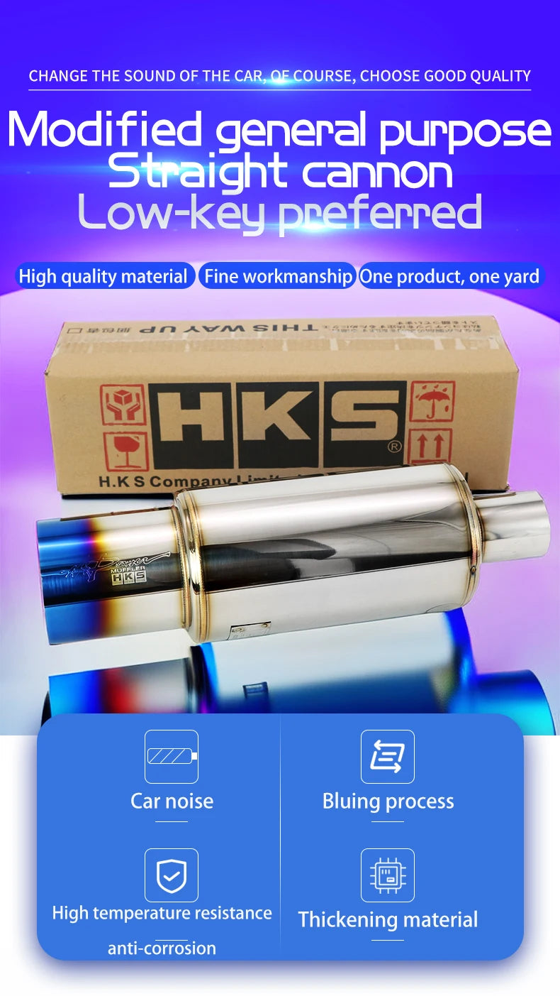 Tubo de escape de coche, piezas modificadas, silenciador HKS, tubo de escape recto, salida Universal 89MM, plata brillante, azul, acero inoxidable 51 63 76mm apto