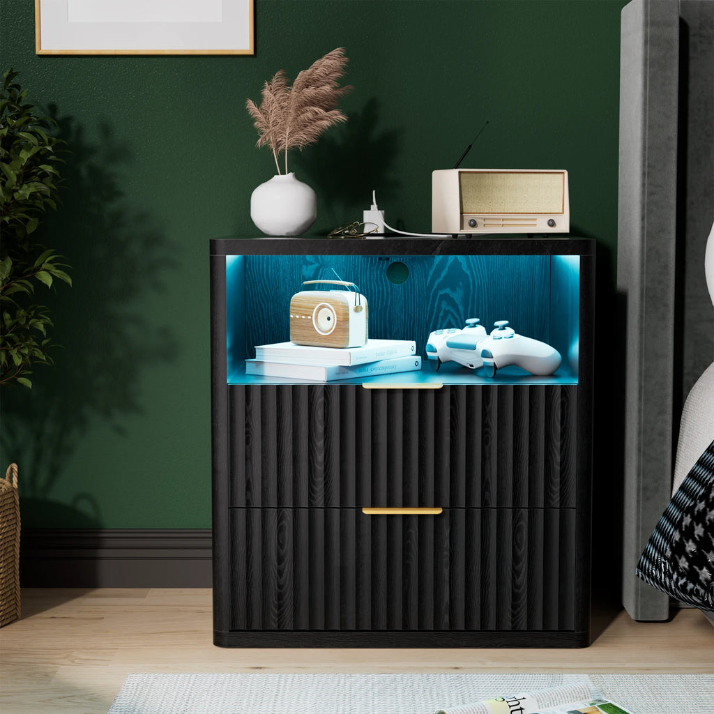 Mesa de Noche con 2 Cajones y Estación de Carga, Ahorra Espacio, con Tomacorriente, de Madera, para Dormitorio, Esquina de Escritorio, Sala de Estar, Hogar