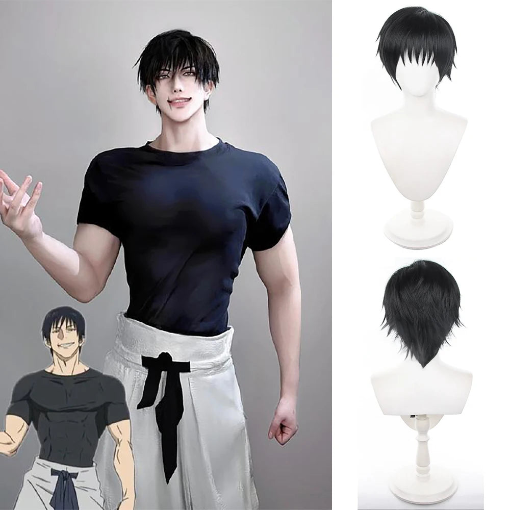 Peluca de Cosplay de Fushiguro Toji, Jujutsu Kaisen, peluca corta negra y esponjosa para hombre, pelo Universal de Anime resistente al calor para Halloween Comic Con