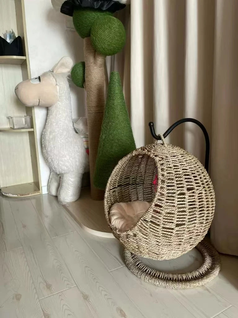 Hamaca semicerrada para mascotas, jaula redonda colgante para gatos, cesta de ratán para verano