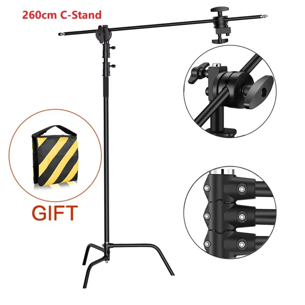 Kit de soporte C de acero inoxidable, soporte de luz con bolsa de peso, accesorios de estudio fotográfico, varilla de extensión, brazo cruzado de 2,49 M de longitud