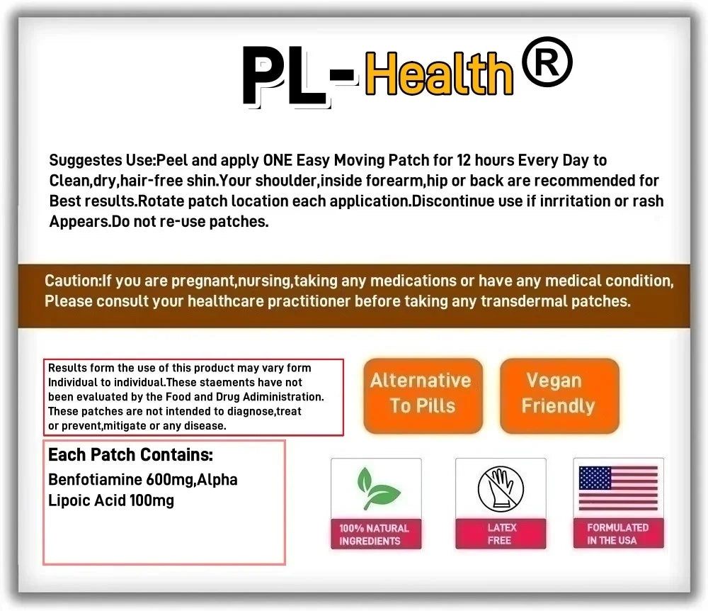 30 parches Benfotiamina Parches transdermicos con ácido alfa lipoico - Máxima potencia - Apoya el metabolismo saludable
