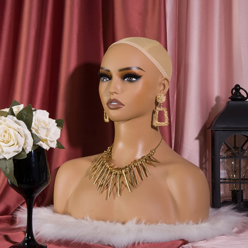 Cabeza de peluca femenina, maniquí de piel marrón claro, maquillaje realista, cabeza de maniquí, soporte para peluca, 1,8 kg/unidad, cabeza simulada de relleno de espuma para pelucas
