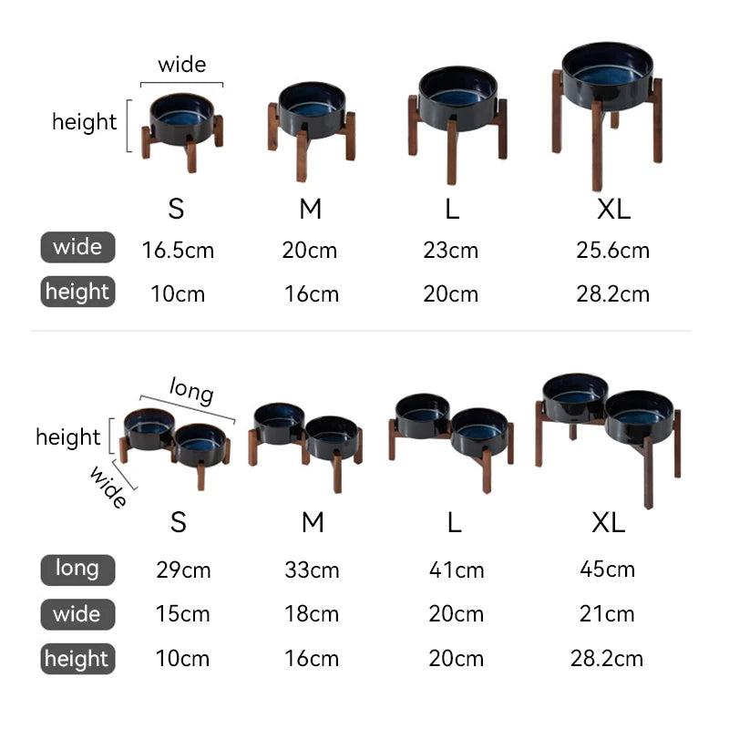 Cuencos grandes de cerámica para mascotas de 1800 ml con soporte de madera: platos de alimentación para perros grandes elevados dobles, cuencos antideslizantes para gatos