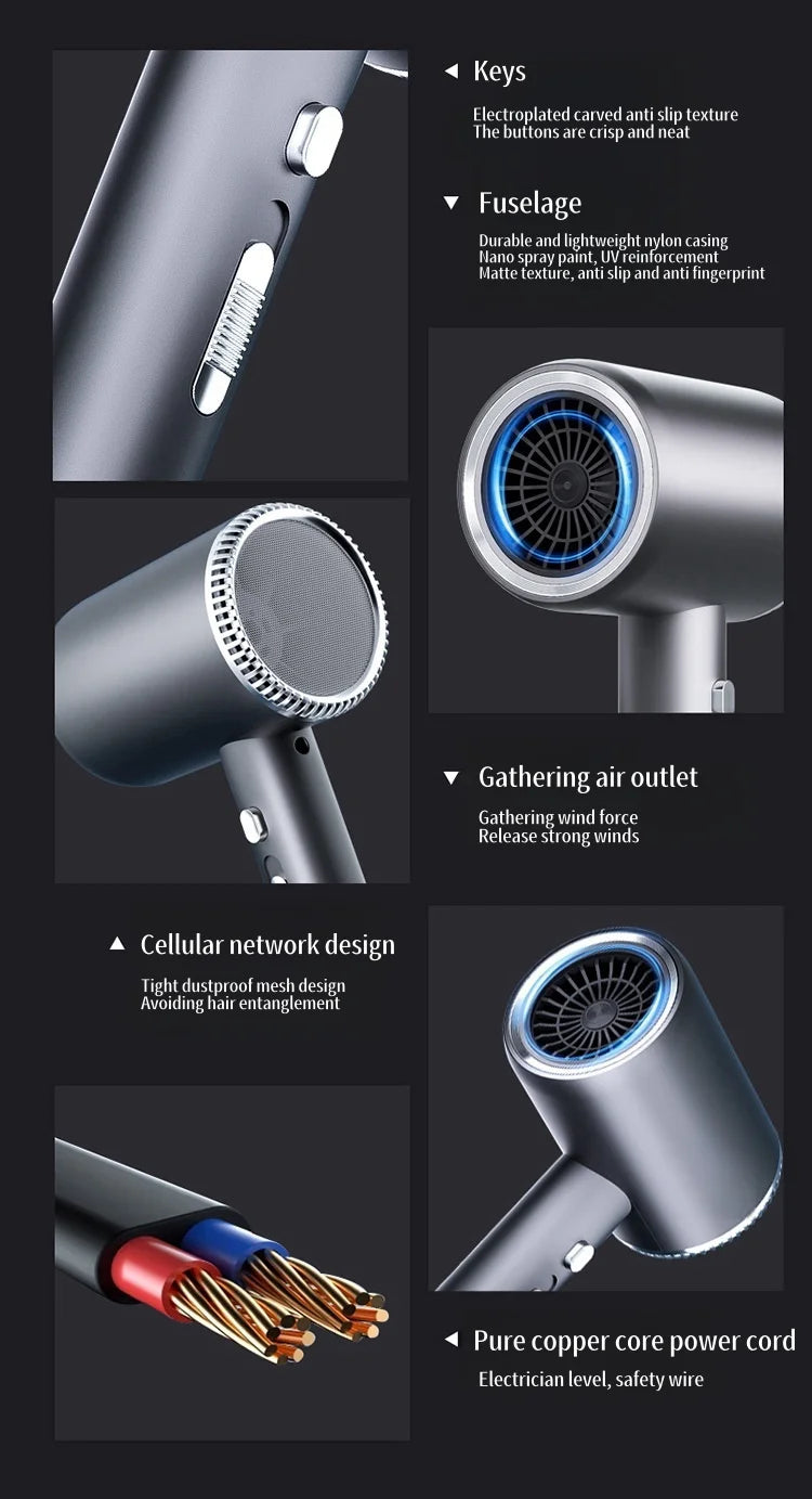 Secador de Pelo de Alta Velocidad de 110000 RPM con Luz Azul 3D de Iones Negativos, Cuidado del Cabello, Silencioso, Difusor para el Hogar y Salón de Belleza, 220V
