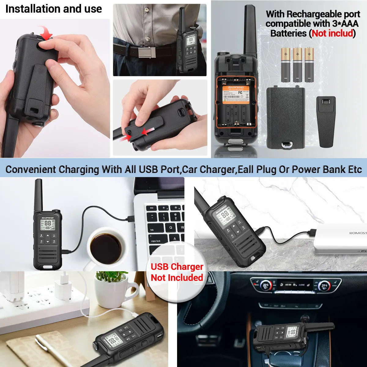 2PCS Baofeng F22 PMR 446MHz Mini Walkie Talkie Impermeable Tipo-C Sin Licencia NOAA Linterna Radio Bidireccional Portátil para Caza