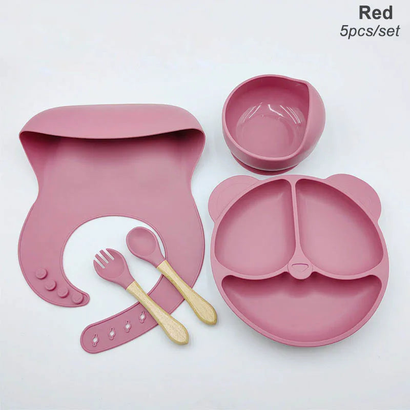 Vajilla de silicona para niños, juego de alimentación de bebé, plato de dibujos animados, nombre personalizado, taza con ventosa, plato, babero, regalo para recién nacido, 8 Uds./5 uds.
