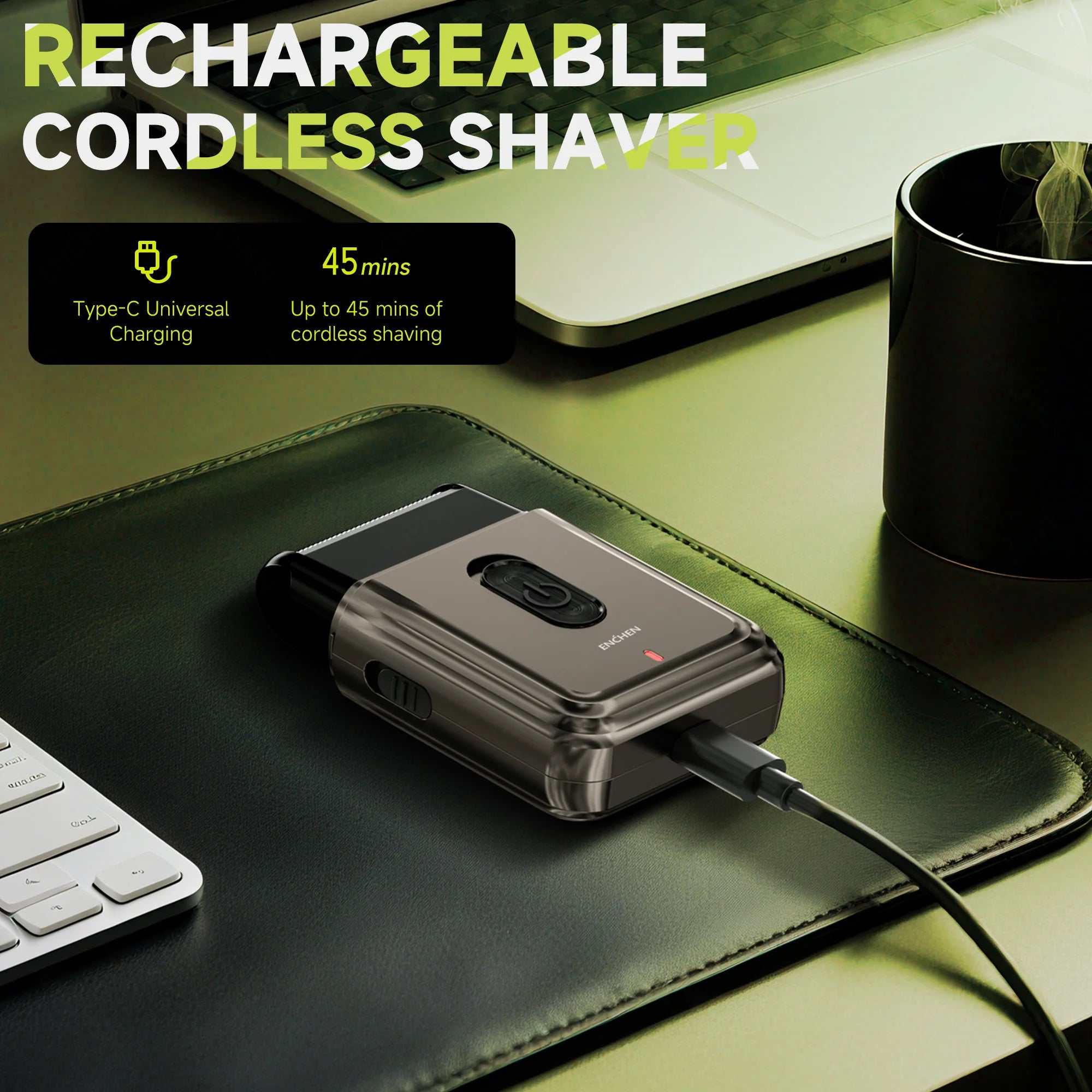 Afeitadora de lámina compacta ENCHEN MS003 con recortadora de precisión POP-UP, carga tipo C con indicador, Motor fuerte de 7000RPM