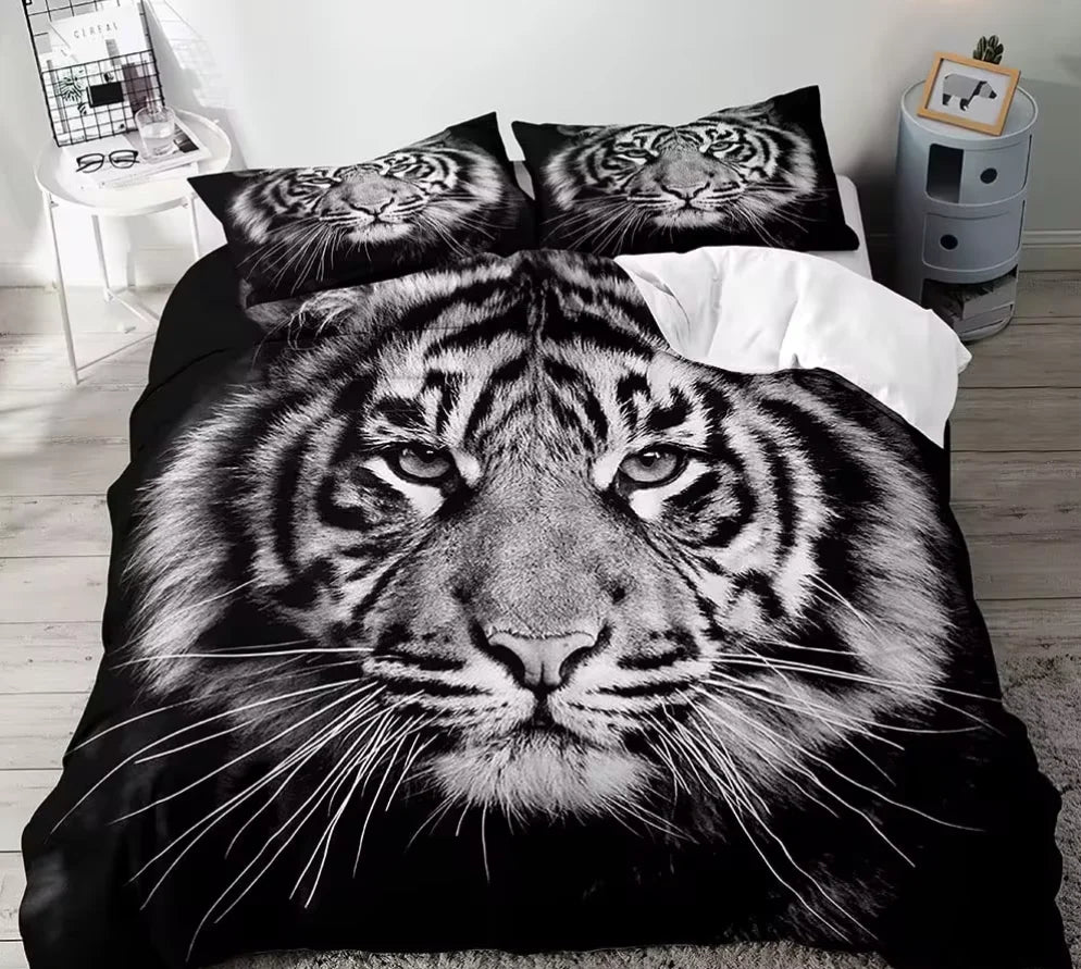 Juego de cama de tamaño completo para parejas, funda de edredón, decoración de dormitorio, León, Rey y Reina, Animal Safari africano, color negro, 3 piezas