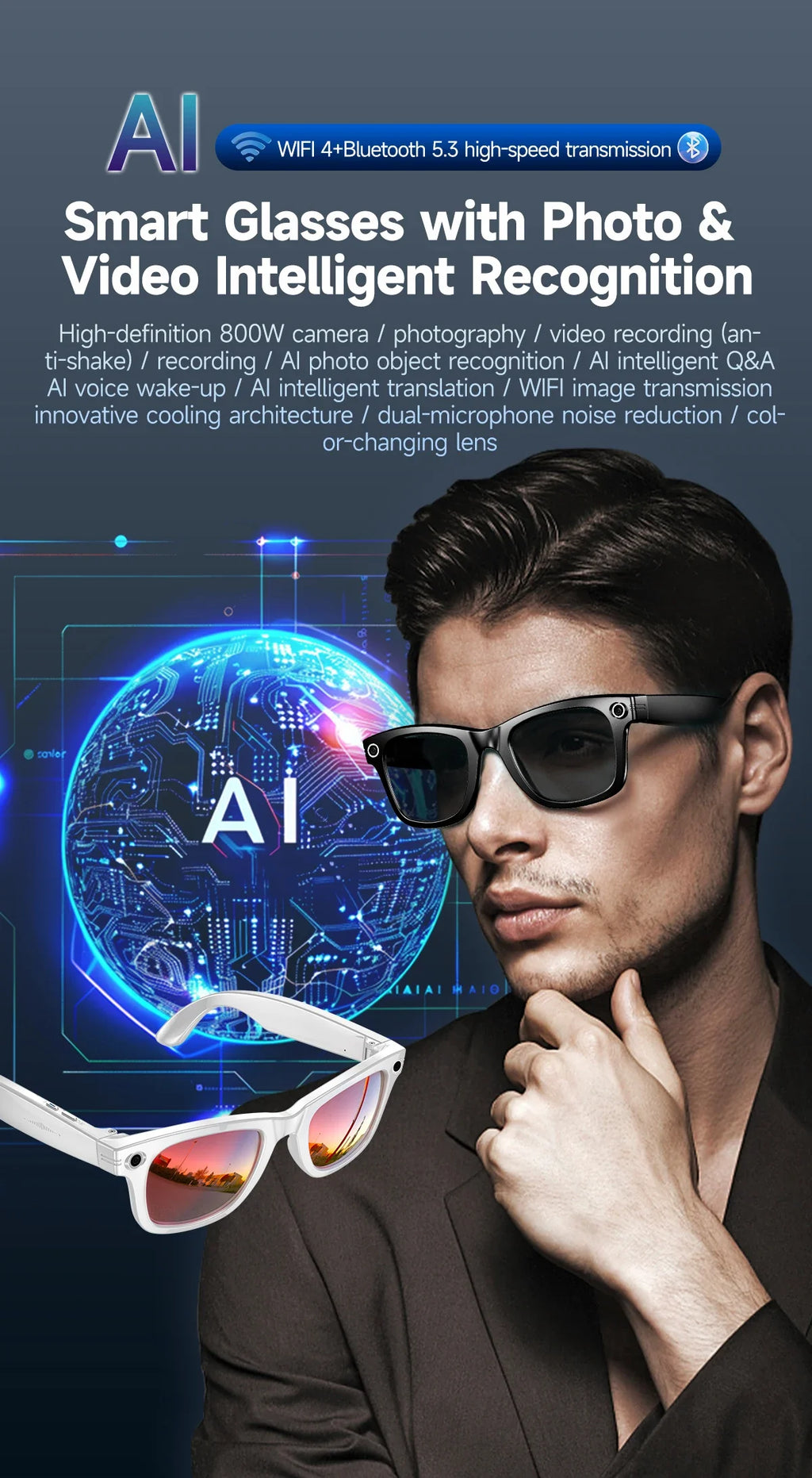 Gafas Inteligentes 2026 Nueva Versión con Cámara, Grabación de Video, Reconocimiento de Fotos por IA, Llamadas Bluetooth, Traducción de Voz, Gafas de Sol para Hombre