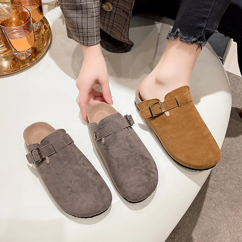 Sandalias de medio arrastre, zuecos para mujer, zapatillas de gamuza de corcho a la moda, zapatillas clásicas antideslizantes de corcho para exteriores con arco