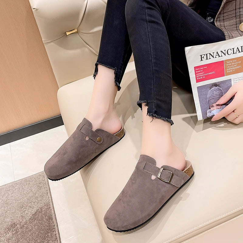 Sandalias de medio arrastre, zuecos para mujer, zapatillas de gamuza de corcho a la moda, zapatillas clásicas antideslizantes de corcho para exteriores con arco