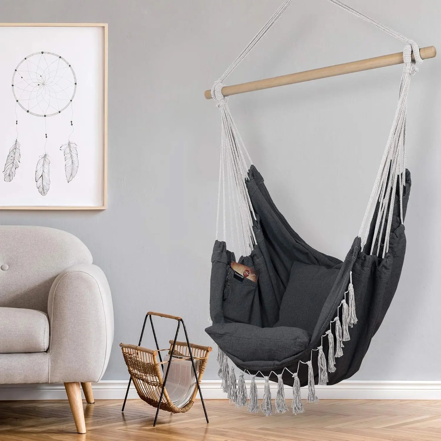 Silla Colgante de Macramé con 2 Almohadas |   Columpio de Cuerda de Algodón con Capacidad para 500 lb |   Diseño de bolsillo para uso en interiores/exteriores