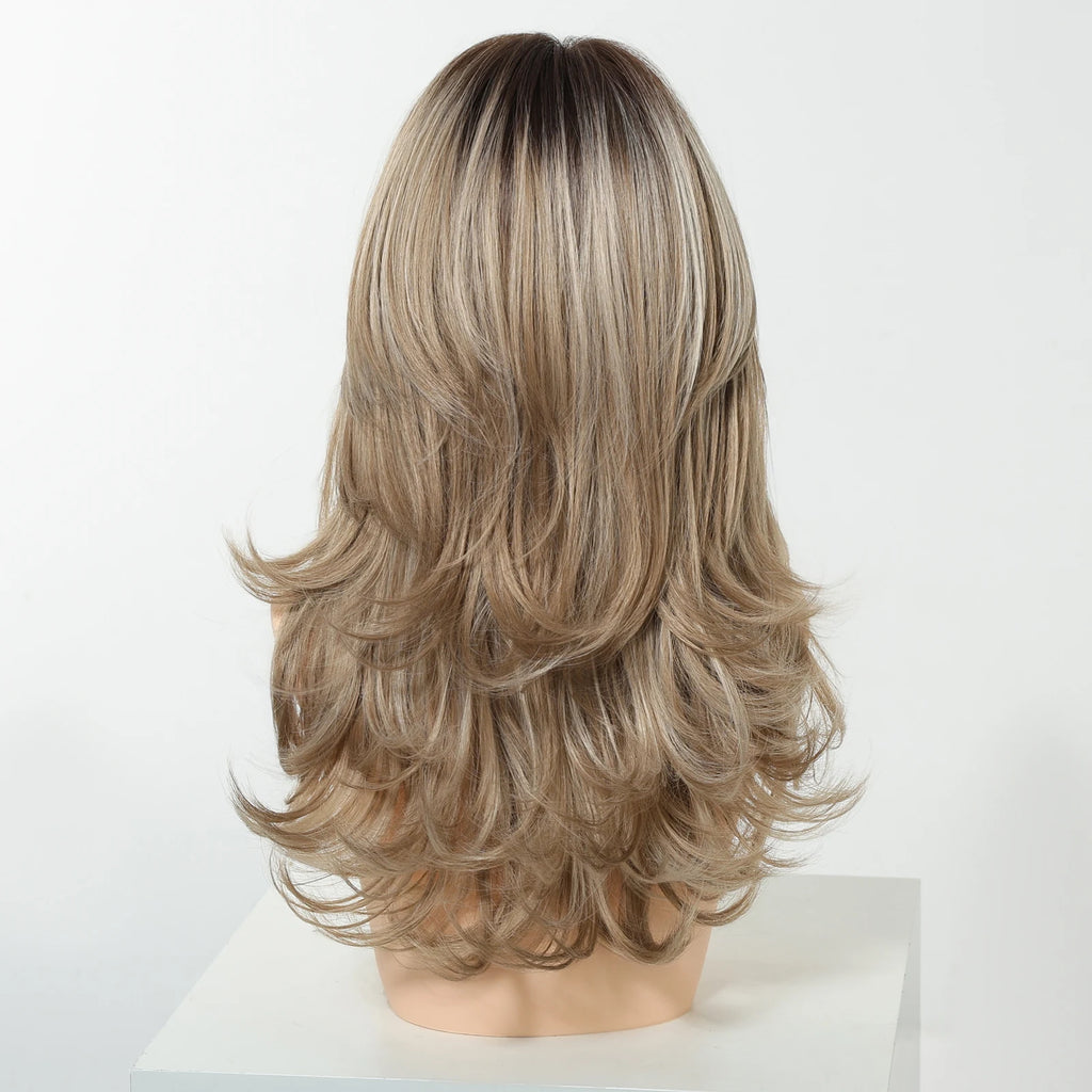 Pelucas Allbell Magique de largo ondulado en capas, pelo marrón miel con flequillo lateral para mujeres, pelucas sintéticas naturales resistentes al calor para uso diario