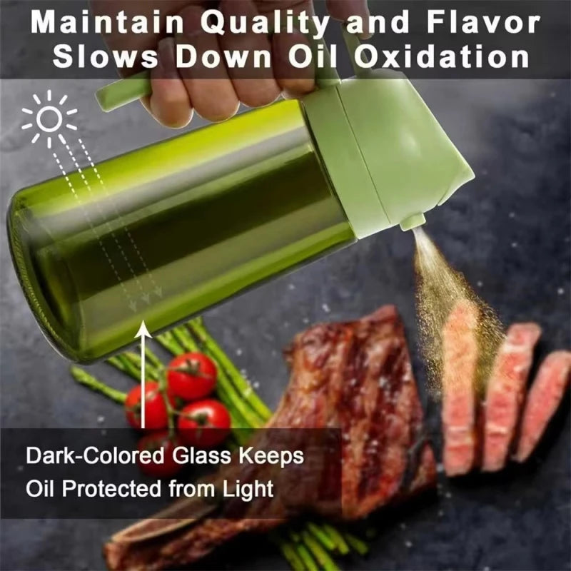 Dispensador y Rociador de Aceite de Vidrio 2 en 1, 16oz/470ml, Antiderrames, para Cocina, Freidora de Aire, Barbacoa, Repostería, Ensaladas - Botella Rociadora de Aceite de Oliva