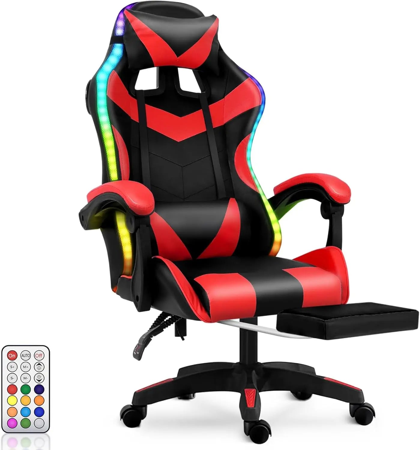 Silla de Oficina Ergonómica para Juegos y Deportes Electrónicos con Masajeador Lumbar, Reposapiés, Luces LED RGB, Silla Giratoria para Computadora con Control Remoto
