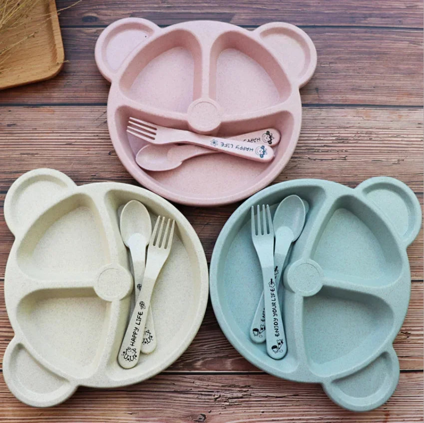 3 unids/set vajilla de alimentación de comida para bebé tazón de oso de dibujos animados + cuchara + tenedor vajilla para comer platos para niños plato de comedor para niños