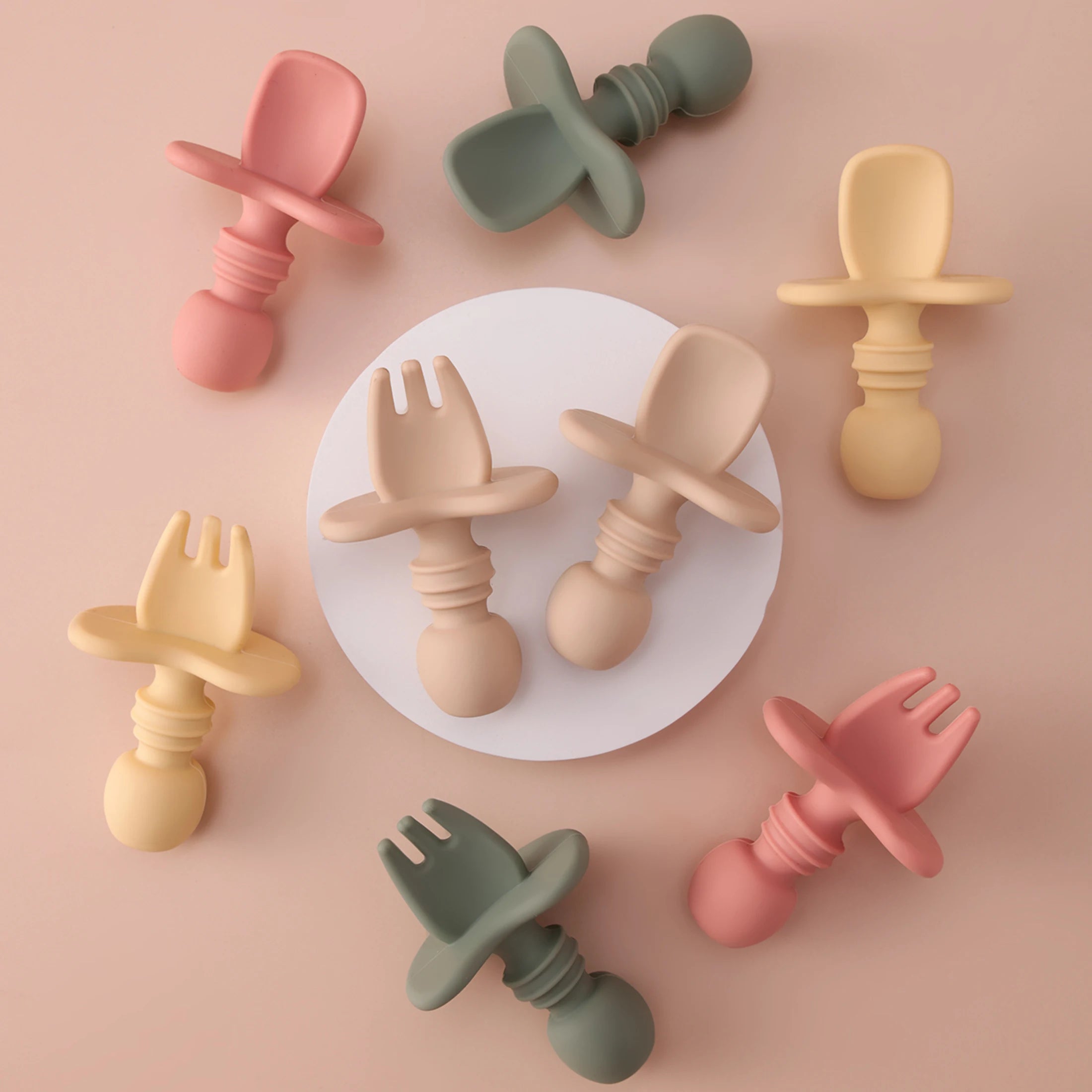 Color niños 2 uds juego de vajilla de silicona para bebé tenedor suave cuchara sin BPA Mini utensilios de alimentación portátiles Spork entrenamiento tenedor cuchara