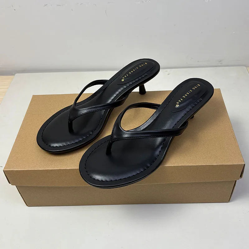 Sandalias de tacón fino para mujer, estilo chanclas, con punta redonda, para primavera y verano