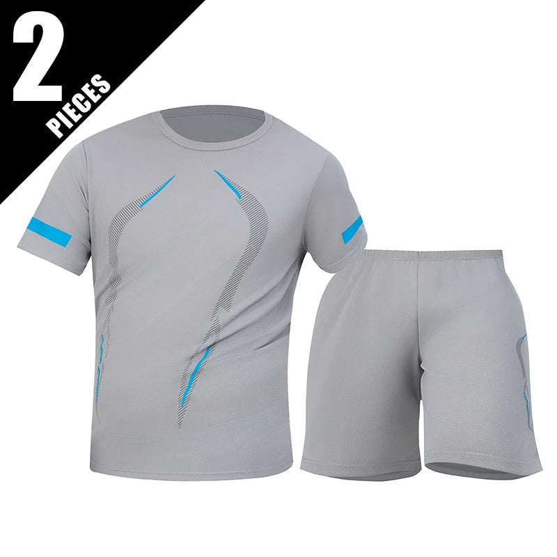 Conjunto de manga corta para hombre de las cuatro estaciones, camiseta estampada de secado rápido para deportes juveniles, Fitness, correr, cómodo e informal, 2 piezas