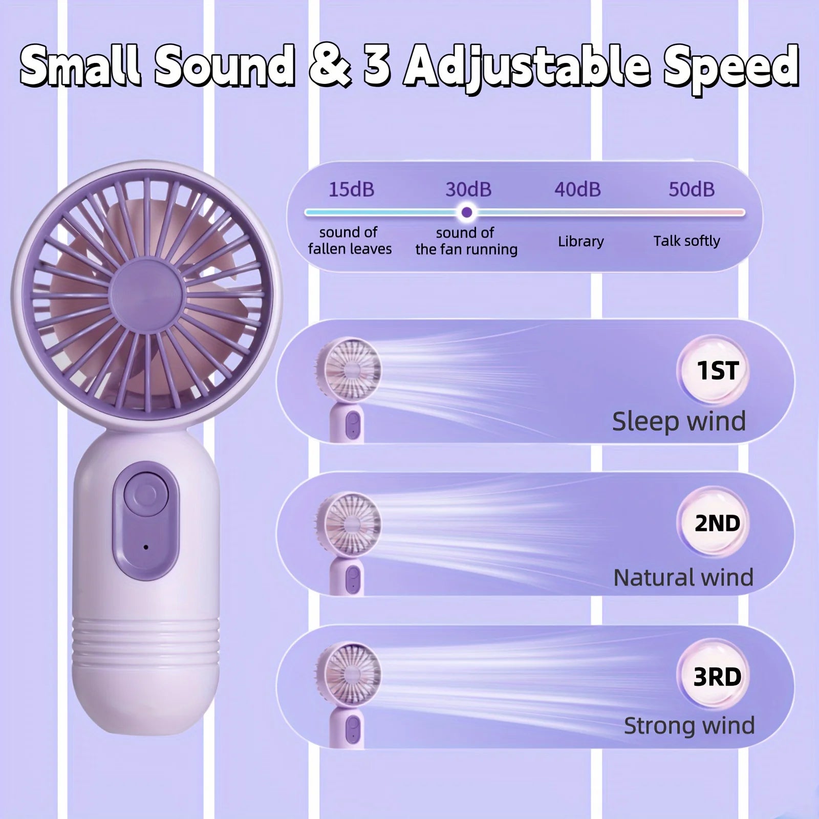 Mini ventilador portátil, pequeño ventilador de mano, carga USB, ventilador de mano de 3 velocidades adecuado para oficina, viajes al aire libre y camping
