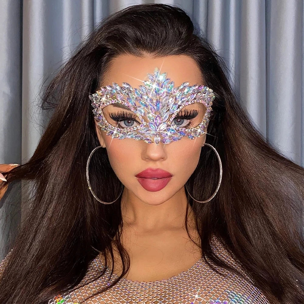 XSBODY Máscara de Halloween para mujer, disfraz de Cosplay, brillos indios, moda, cara Sexy, joyería completa, máscara Rave con diamantes de imitación de cristal, regalo