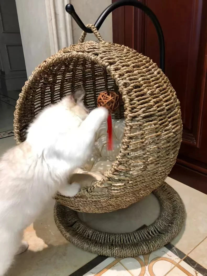 Hamaca semicerrada para mascotas, jaula redonda colgante para gatos, cesta de ratán para verano