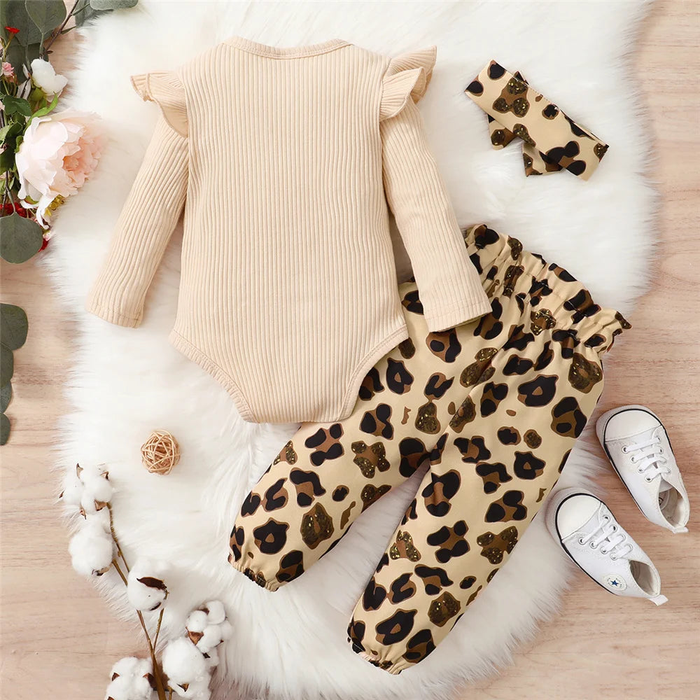 Conjunto de ropa para niña recién nacida de 0 a 18 meses, mono de manga larga, pantalones de leopardo y diadema, 3 uds., trajes de moda de otoño para niño niña