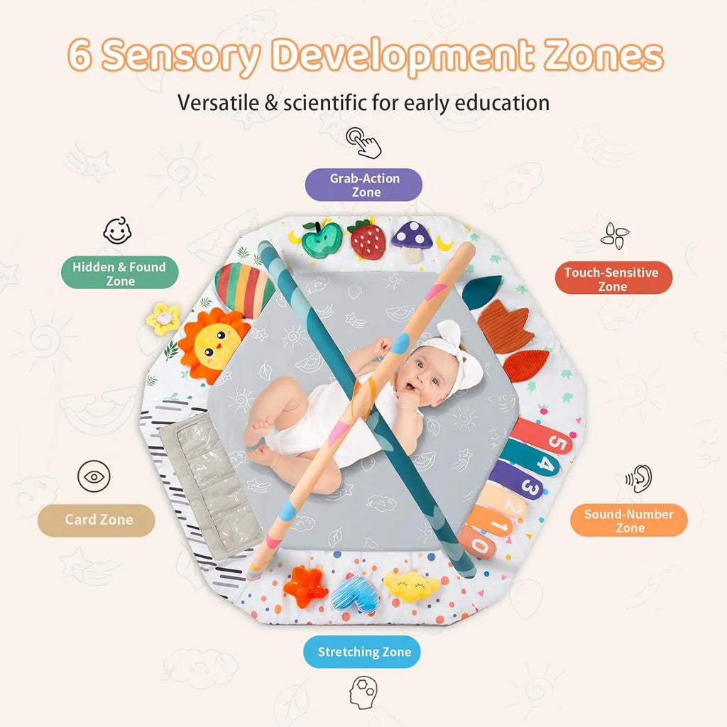 Alfombra de Juego para Bebés con 6 Zonas de Desarrollo, Tapete de Actividades para Estimulación del Desarrollo Motor con 4 Juguetes Sensoriales Desmontables