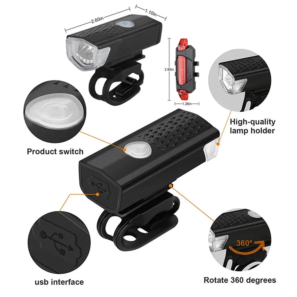 Luz delantera de bicicleta recargable por USB, luz trasera roja, fácil de instalar, 3 modos, accesorios para bicicleta