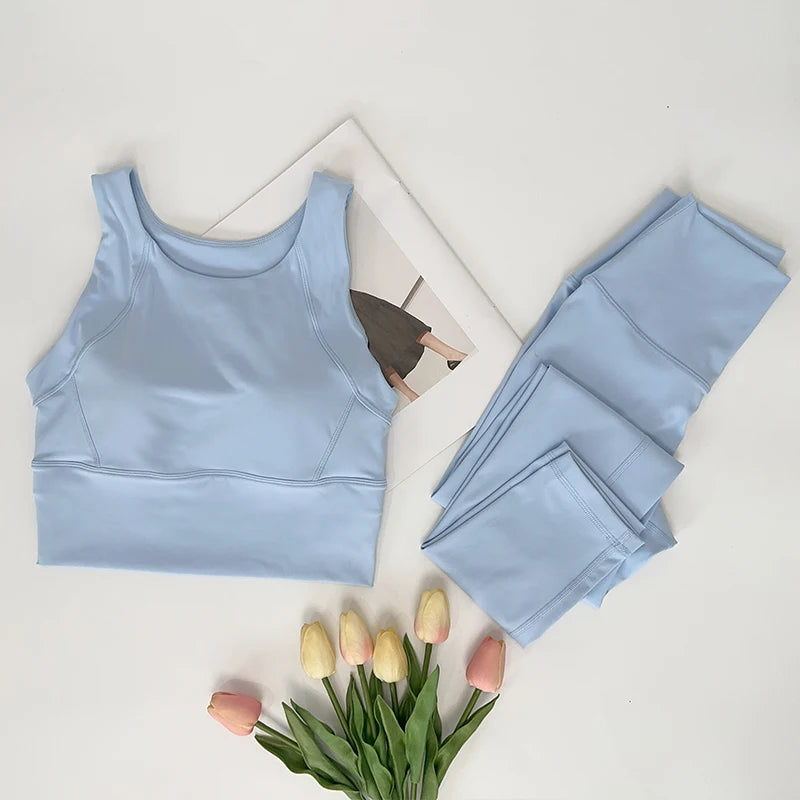 Ropa de Yoga de 2 piezas para mujer, conjunto de Yoga para gimnasio con tirantes cruzados en la espalda, Sujetador deportivo de realce, mallas de Yoga de cintura alta, ropa deportiva de entrenamiento