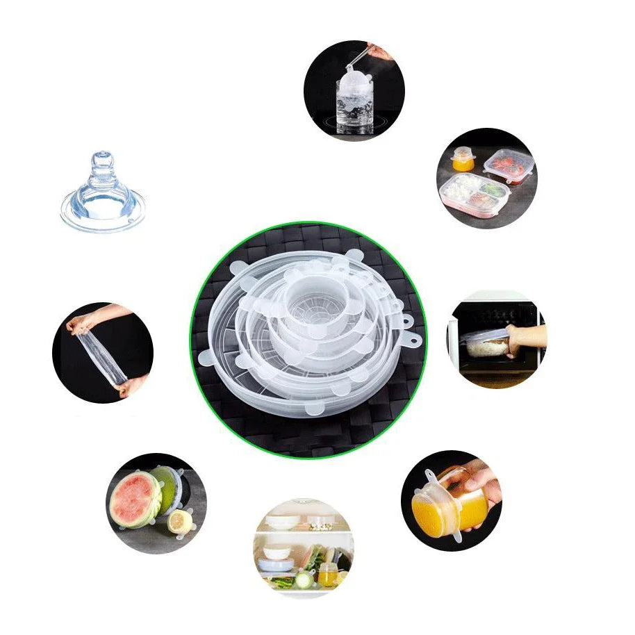 Tapas de silicona reutilizables para mantenimiento fresco, tapas de silicona adaptables para latas, platos de comida, utensilios de cocina, 6 uds.
