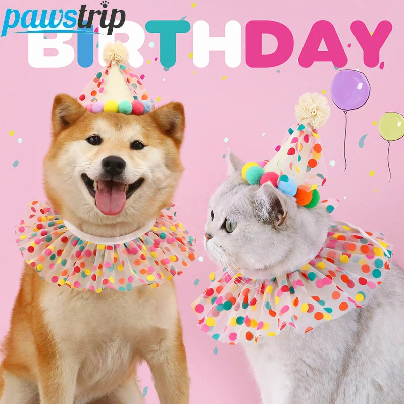 Sombrero de cumpleaños colorido para perros y gatos, bufanda ajustable para cumpleaños, conjunto de sombrero, babero para perros, vestido de fiesta de cumpleaños para mascotas, sombrero, accesorios para perros